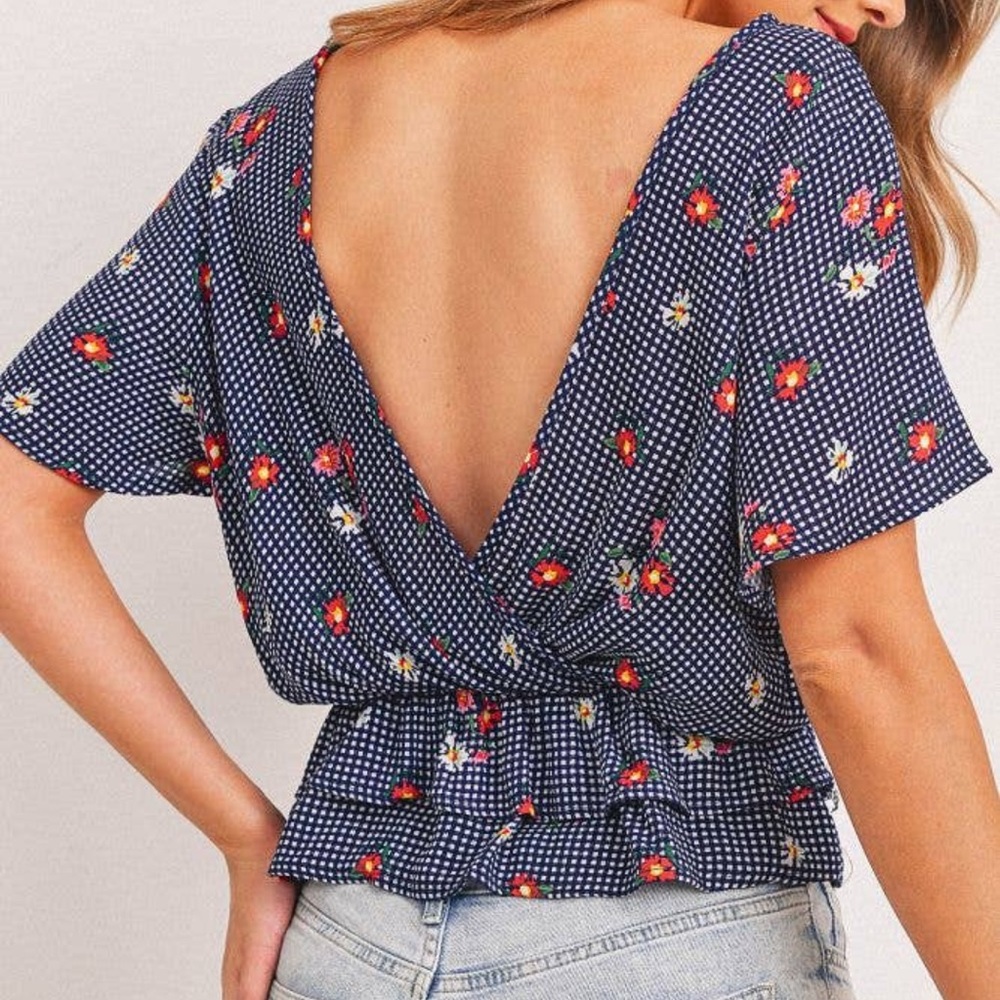 NWT Navy Blue Gingham Floral Print Open Back Short Sleeve Top - Picture 5 of 7
